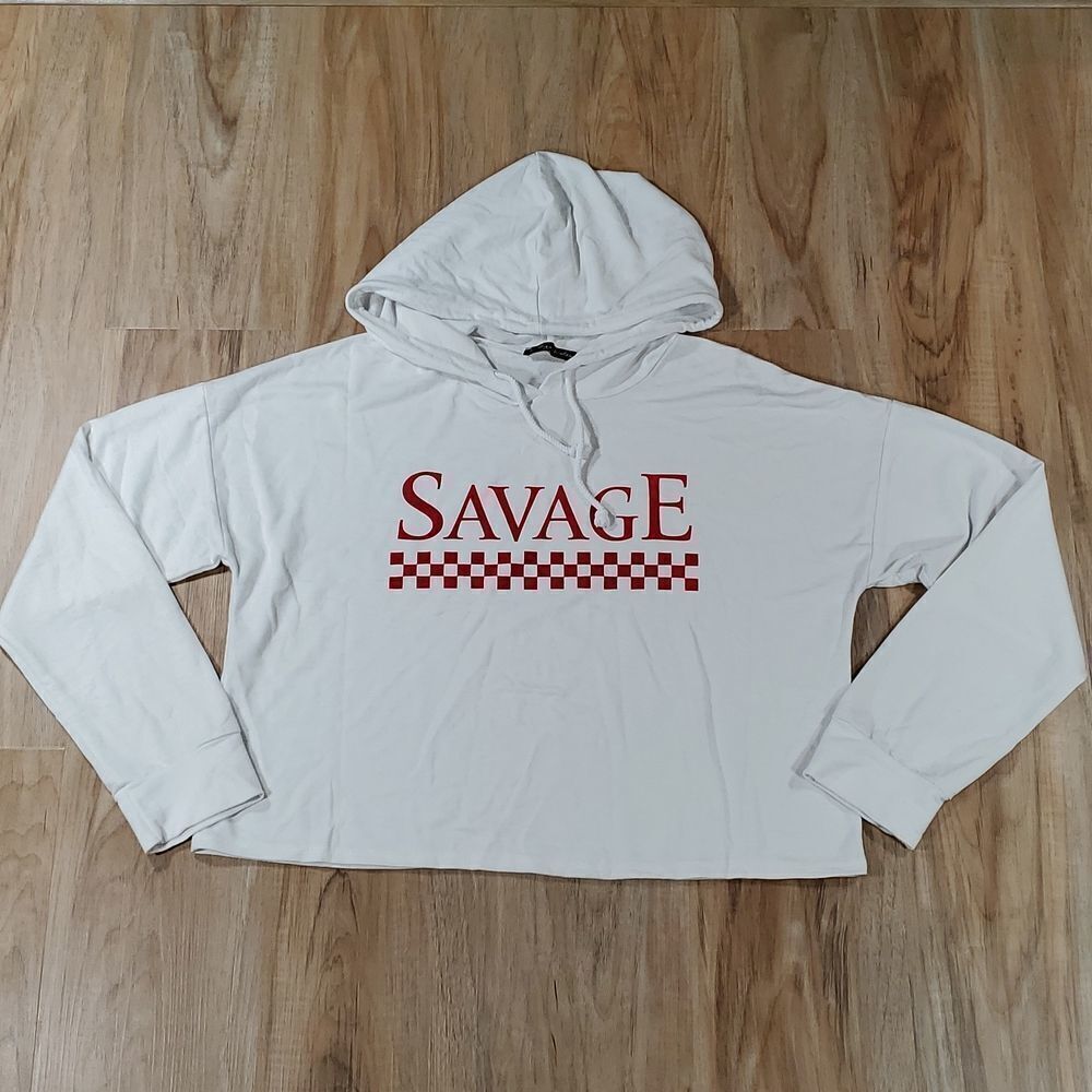 🔹️Raggs II Riches White Savage Crop Drawstring Hoodie Sweatshirt XLarge